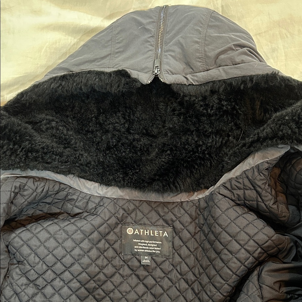 Athleta Charcoal Hooded Jacket with Black Faux Fur